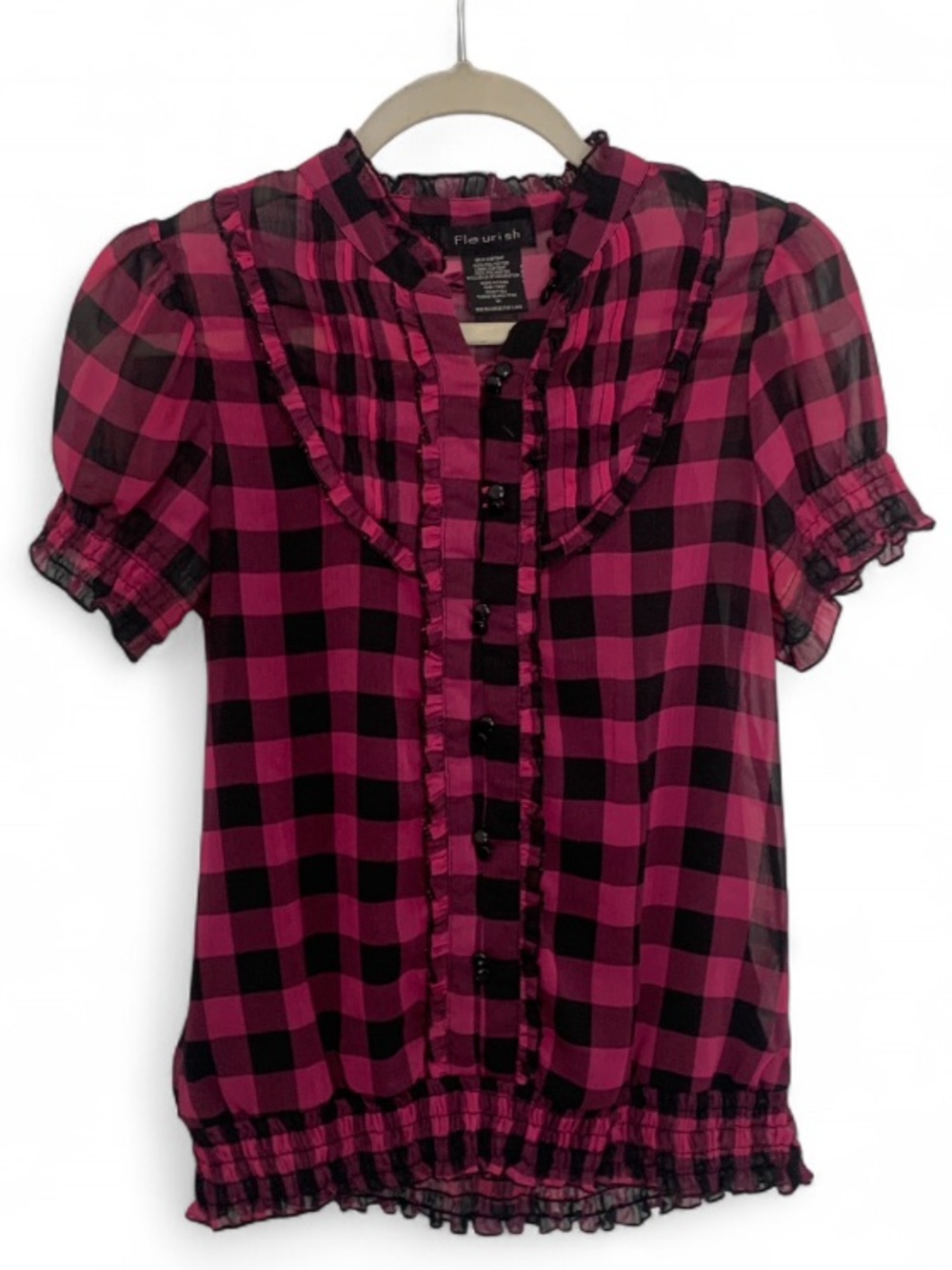 Fleurish Pink and Black Plaid Ruffled Button-Down Top